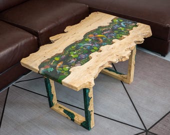 Hand-Painted Koi Resin Coffee Table: Rustic Wood Living Room Decor