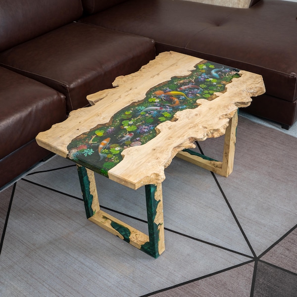 Natural Wood Dining Desk, Stream & Goldfish – Eco Friendly Material, Artisan Handmade Furniture, One of a Kind Interior Design