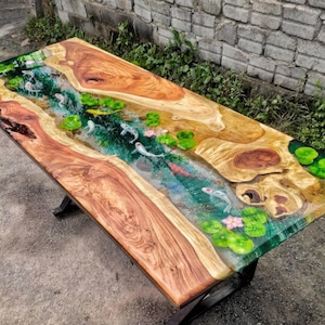Table époxy de luxe pour poissons koi - Table à manger de rivière en résine faite main - Meubles en bois sur mesure