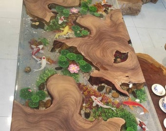 Custom Epoxy Resin Table: Modern Wood and Koi Pond Art