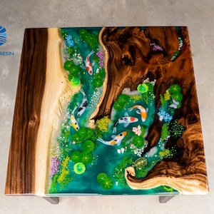 Square Koi Pond Epoxy Resin Table, Vibrant Swimming Koi Fish with Deep Water Effect, Luxury Handmade Art Furniture