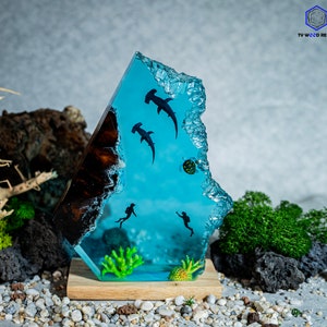 Hammerhead Sharks And Divers Night Lights, Desk Lamp, Custom Epoxy Resin Lamp, Resin Night Light, Resin Wood Art Lamp, Ocean Night Light