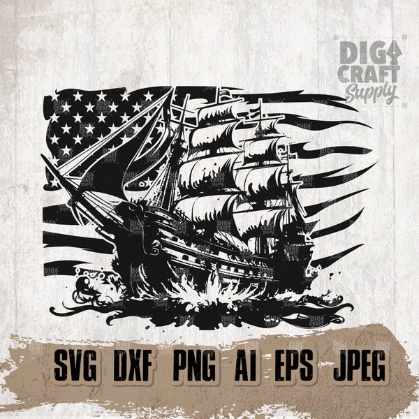 US Pirate Ship svg, Black Big Boat Cutfile, Bad Captain Stencil, Von Voyage dxf, USA Caribbean Sail Clipart, Shipyard png, Sailing Seafarer