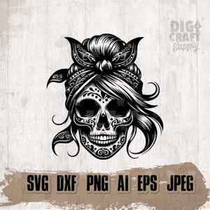 Skull Girl with Bandana Svg | Lady with Bandana Clipart | Sugar Skull Stencil | Lady Dead Cutfile | Halloween T-shirt Png | Lady Skull Dxf