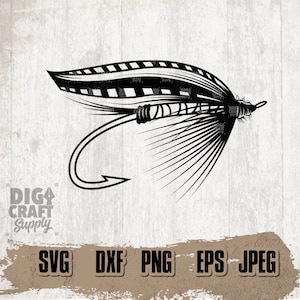 May include: Black and white silhouette of a fly fishing lure with a hook. The lure has a feathered body and a striped wing.