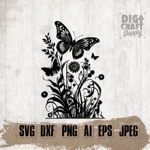 Blumen Schmetterling svg, Blume Tier Clipart, Garten Insekt Schablone, Hochzeit Fliegen Cutfile, schöne Landschaft dxf, botanische Bauernhof Szene png