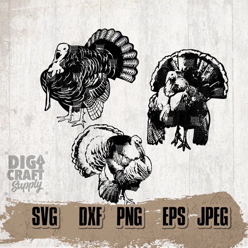 May include: Three black and white silhouette images of turkeys. The turkeys are in different poses, with one facing forward, one facing to the side, and one facing backward. The images are suitable for crafting projects.
