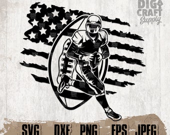 May include: Black and white silhouette of a football player running with the ball, set against a distressed American flag background. The text "DIG CRAFT Supply" is in the upper right corner. The text "SVG DXF PNG EPS JPEG" is at the bottom of the image.