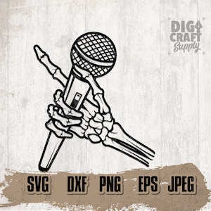 May include: Black and white line art illustration of a skeleton hand holding a microphone. The image is suitable for use as a digital download for crafting projects.