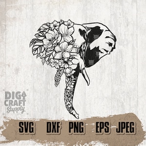 May include: Black and white silhouette of an elephant's head with floral designs. The elephant's trunk is curled up and the flowers are arranged around the head.