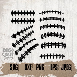 May include: Black digital design elements resembling football stitches in various curved and straight arrangements. The image includes the text "SVG, DXF, PNG, EPS, JPEG" in a brown rectangle, and the logo "DIGI CRAFT SUPPLY".