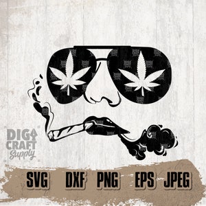 May include: Black and white silhouette of a person wearing sunglasses with marijuana leaves inside the lenses and smoking a cigarette. The person is wearing a hat and has a mustache. The text "DIGA CRAFT Supply" is at the bottom of the image.