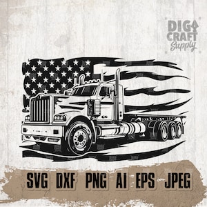 May include: Black and white silhouette of a semi-truck driving in front of an American flag. The truck is a semi-trailer truck with a cab and a trailer. The flag is waving in the wind. The image is a vector illustration.
