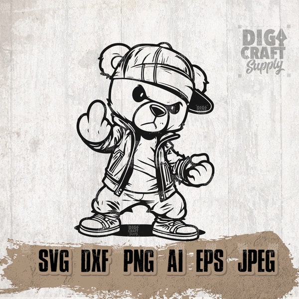 Gangster Middle Finger Teddy svg | Hipster Bear Cutfile | Hippie Grizzly Clipart | Mafia Teddy Mascot Stencil | Hip Hop Cool Kid Shirt png