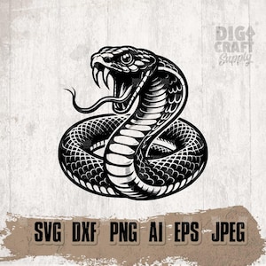 May include: Black and white illustration of a cobra snake with its head raised and fangs bared. The snake is coiled in a defensive posture.