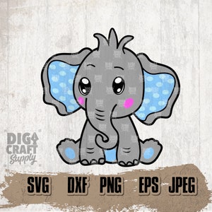 May include: A cartoon illustration of a gray elephant with blue polka dot ears. The elephant has large eyes and a pink blush on its cheeks. The elephant is sitting down with its legs crossed.