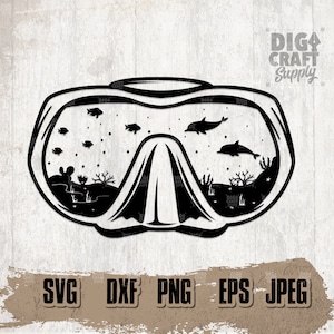 Può includere: Silhouette in bianco e nero di una maschera da sub con vista sulla vita marina sottomarina, tra cui delfini, coralli e pesci. Il testo "DIGI CRAFT Supply" è nell'angolo in alto a destra dell'immagine.