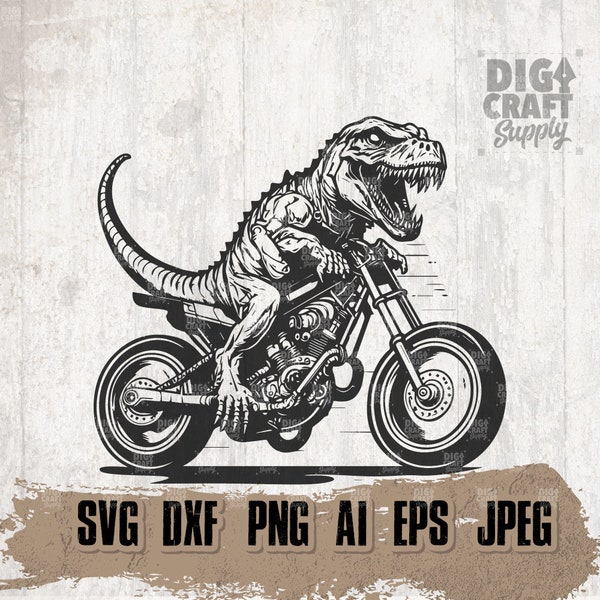 Trex Biker svg, Tyrannosaurus Clipart, T-rex Cutfile, Dinosaur Ride Stencil, Cute Dino Shirt png, Monster Rider dxf, Motorcycle, Motorbike