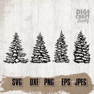 Op de afbeelding: Vier zwarte silhouetbeelden van dennenbomen met sneeuw op de takken. De afbeeldingen zijn op een witte houtnerf achtergrond. De tekst "DIGI CRAFT Supply" staat in de rechterbovenhoek van de afbeelding. De tekst "SVG DXF PNG EPS JPEG" staat onderaan de afbeelding.