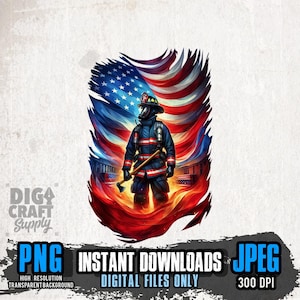 Puede incluir: Ilustración digital de un bombero frente a una bandera estadounidense estilizada. El bombero lleva un uniforme azul oscuro con rayas rojas y un casco. La bandera está representada con colores rojo, blanco y azul vibrantes, con llamas en la parte inferior.