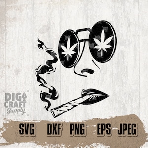 Op de afbeelding: Zwart-witte silhouet van een persoon die een zonnebril draagt met marihuana-bladontwerpen en een joint rookt. De afbeelding bevat de tekst "DIGA CRAFT Supply".