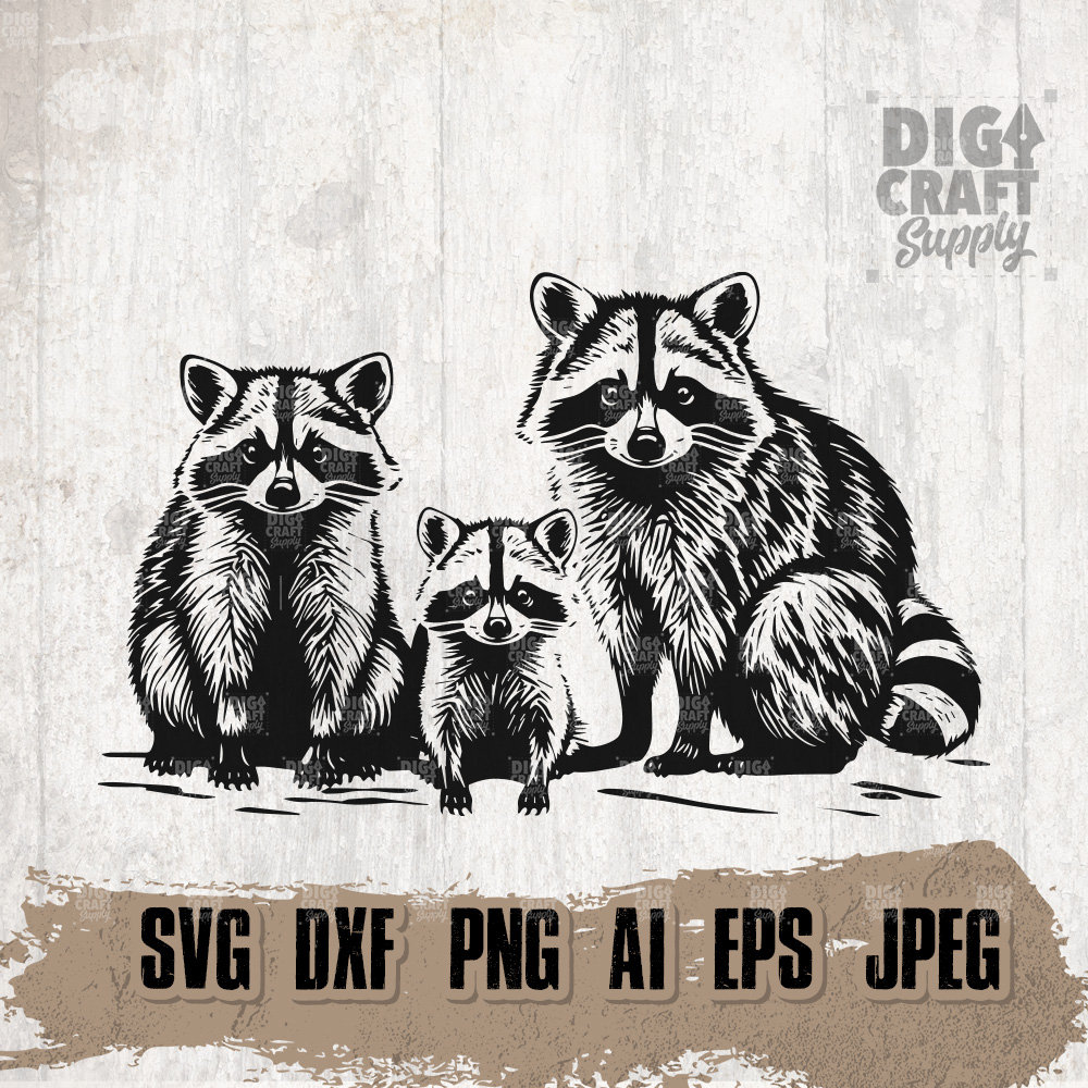 3 Raccoon Svg, Raccoons Family Clipart, Woodland Animal Stencil