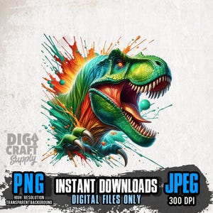 Op de afbeelding: Een levendige digitale illustratie van een Tyrannosaurus Rex met een groen en blauw lichaam, open mond en scherpe tanden. De afbeelding bevat kleurrijke verfspatten in oranje, groen en blauw. Tekst: "PNG", "Directe downloads", "JPEG" en "Alleen digitale bestanden".