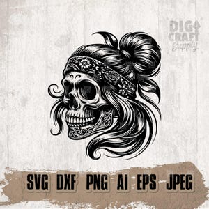 Girl Skull with Bandana Svg | Girl Skull Clipart | Messy Hair Skull Stencil | Sugar Skull Cutfile | Halloween T-shirt Png | Scary Skull Dxf