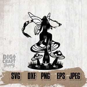 May include: Black and white silhouette of a fairy sitting on a mushroom with wings spread out. The fairy is wearing a dress and has long hair. There are two smaller mushrooms in the background.