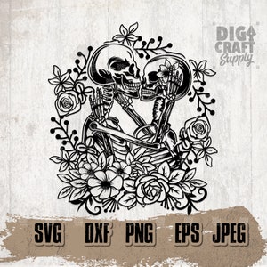 May include: Black and white illustration of two skeletons embracing and kissing, surrounded by floral designs. The skeletons are wearing a floral crown and a flower behind their ear.