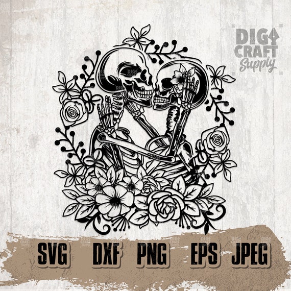 Floral Skull Lovers svg, Flower Skull Clipart, Couple Shirt png, Skull Lovers Cutfile, Human Skeleton Stencil, Floral Gothic Couple dxf