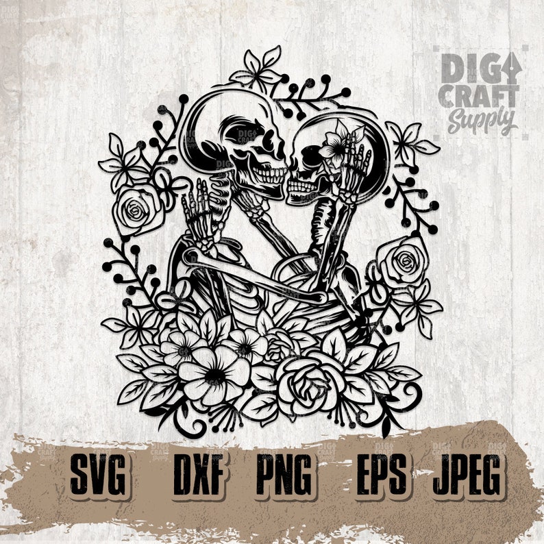 May include: Black and white illustration of two skeletons embracing and kissing, surrounded by floral designs. The skeletons are wearing a floral crown and a flower behind their ear.