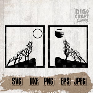 May include: Two black and white silhouette images of a wolf howling at the moon in a square frame. The wolf is surrounded by trees and a rocky cliff. The moon is a circle with a crescent shape.