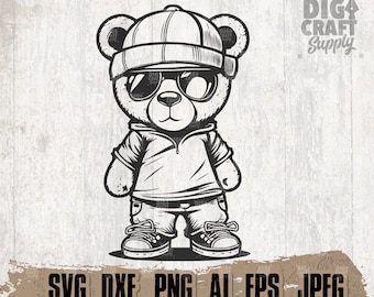 Cool Teddy svg, Hip Hop Grizz Cutfile, Hippie Bear Clipart, Bad Gangster Brown Grizzly dxf, Hiphop Homies jpg, Hipster Cool Kids Shirt png