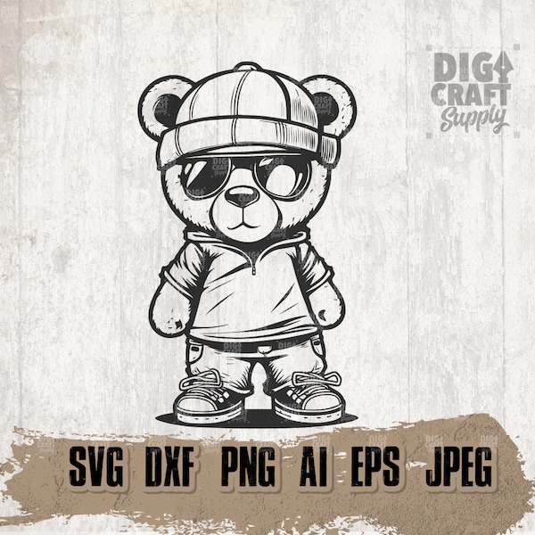 Cool Teddy svg, Hip Hop Grizz Cutfile, Hippie Bear Clipart, Bad Gangster Brown Grizzly dxf, Hiphop Homies jpg, Hipster Cool Kids Shirt png