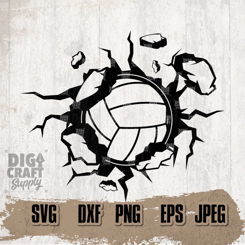 Puede incluir: Gr&aacute;fico en blanco y negro de un bal&oacute;n de voleibol rompiendo una pared agrietada. El texto "DIG4CRAFT Supply" est&aacute; en la esquina inferior izquierda. Las palabras "SVG, DXF, PNG, EPS, JPEG" est&aacute;n en el centro inferior de la imagen.