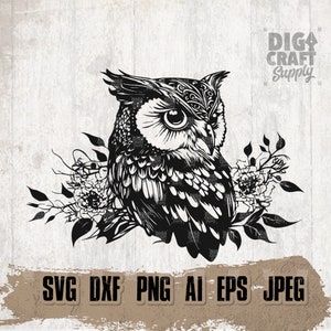 Uil Florals svg, nachtelijke bloemen dierlijke clipart, grote ogen cutfile, nacht vliegende vogel stencil, WildLife, wildernis shirt PNG, Spirit Guide
