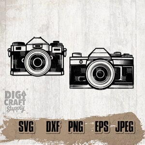 May include: Two black and white vintage camera illustrations. The cameras have a retro design with a lens, viewfinder, and buttons. The illustrations are perfect for crafting projects, scrapbooking, or digital design.