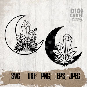 Op de afbeelding: Zwart-wit digitaal ontwerp met een wassende maan met een cluster geometrische kristallen en een marihuanablad aan de basis.