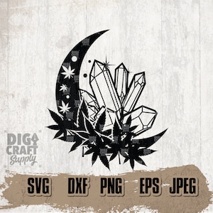 May include: Black and white silhouette of a crescent moon with crystals and cannabis leaves. The moon is in the top right corner of the image. The crystals are in the centre of the image. The cannabis leaves are around the crystals and moon.