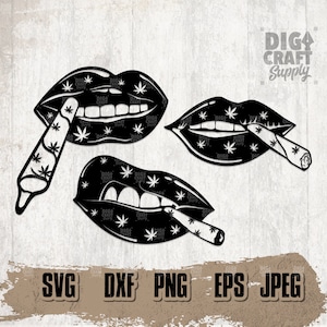 May include: Three black and white illustrations of lips with a marijuana leaf pattern. Each illustration features a cigarette with a marijuana leaf pattern in the lips.