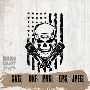 May include: Black and white digital design featuring a skull wearing a baseball cap and holding two crossed wrenches. The skull is in front of a distressed American flag.