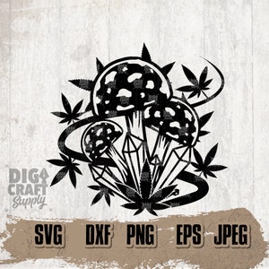 Puede incluir: Ilustración en blanco y negro de tres setas con manchas blancas que crecen de un lecho de cristales y rodeadas de hojas de marihuana.