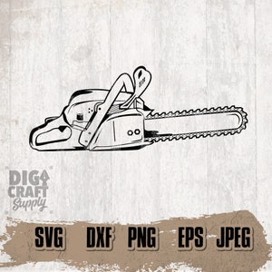 May include: Black and white line art illustration of a chainsaw. The chainsaw has a handle, a chain, and a motor. The image is suitable for use as a digital download for crafting projects.
