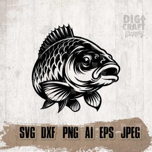 Puede incluir: Ilustración en blanco y negro de una carpa con escamas. El pez está mirando hacia la derecha y tiene una boca grande.