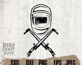 Puede incluir: Ilustración en blanco y negro de un casco de soldador con dos antorchas de soldadura cruzadas. El casco tiene una visera y una cubierta protectora. Las antorchas tienen mangos y se cruzan en el medio.