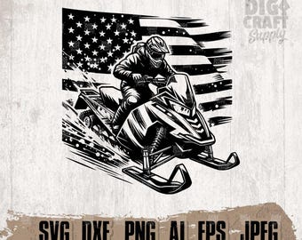 US Snowmobiler Rider Svg / Clipart motoslitta / Stencil veicolo da neve / Cutfile motociclista patriottico / Maglietta Snow Life Png / Sci Dxf