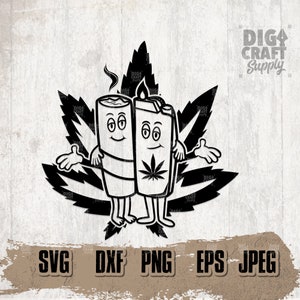 Puede incluir: Ilustración de dibujos animados en blanco y negro de un porro y un encendedor sonrientes abrazándose frente a una hoja de cannabis. La imagen incluye el texto "SVG DXF PNG EPS JPEG". El diseño es de "DIGI CRAFT Supply".