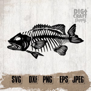 May include: Black and white silhouette of a fish skeleton with a detailed design. The fish has a large mouth and fins. The image is on a white background with the text "DIGI CRAFT Supply" in the top right corner.