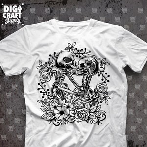 May include: Black and white illustration of two skeletons embracing and kissing, surrounded by floral designs.